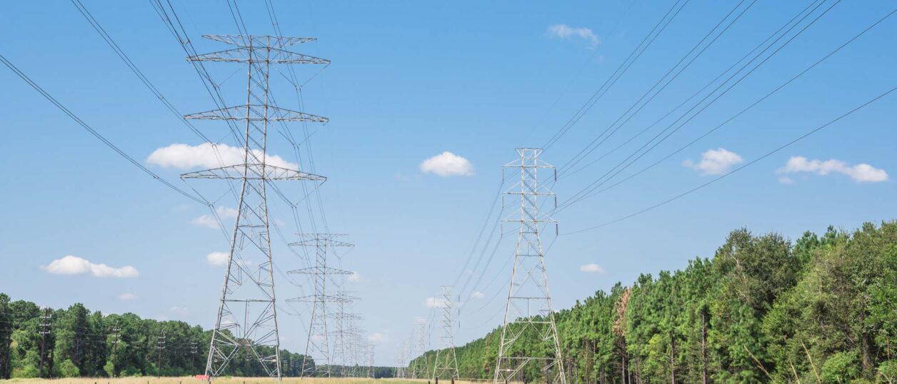 Electrical power towers in field between forests on clear day