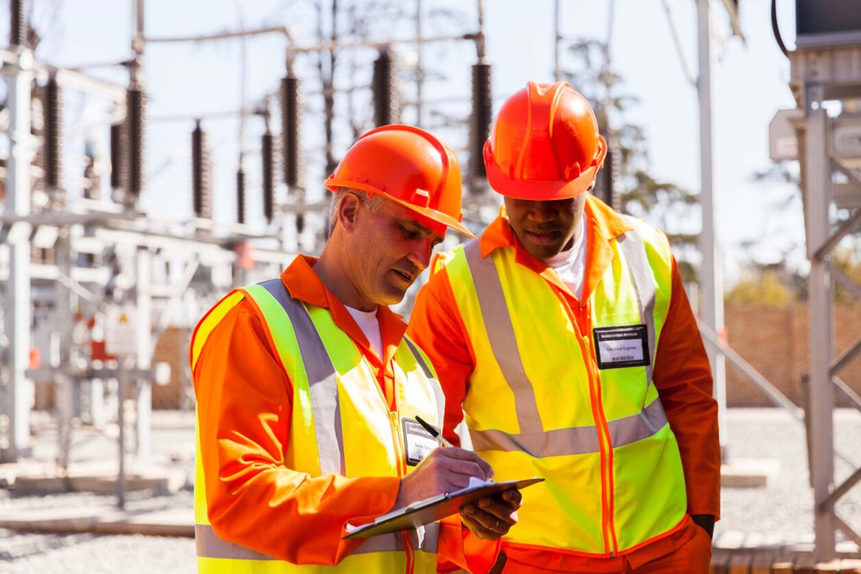 Two power substation electrical technicians completing compliance audit