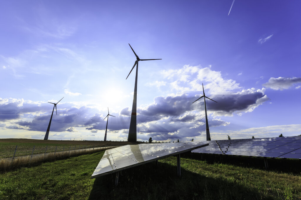 Picture of solar panels and wind turbines